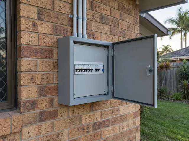 External switchboard on a brick house wall with open door and breakers visible in Coomera